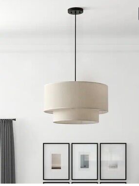NIB Modern Off-White Drum Pendant Light 2-Tier Linen Fabrics Lampshade